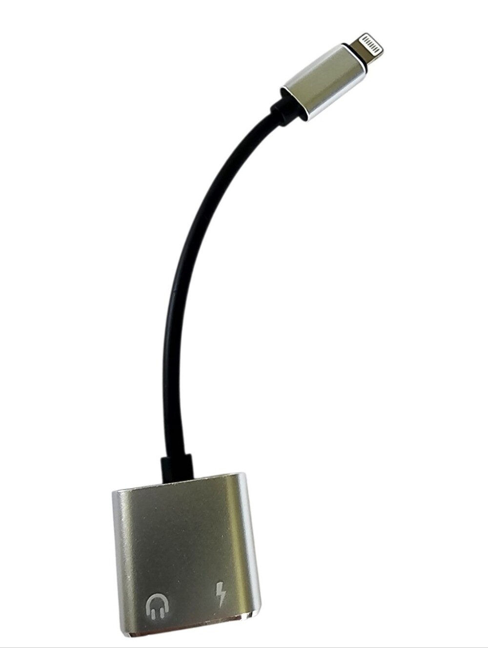 Silver/black 2-in-1 Lightning to Headphone Jack & Charger Adapter